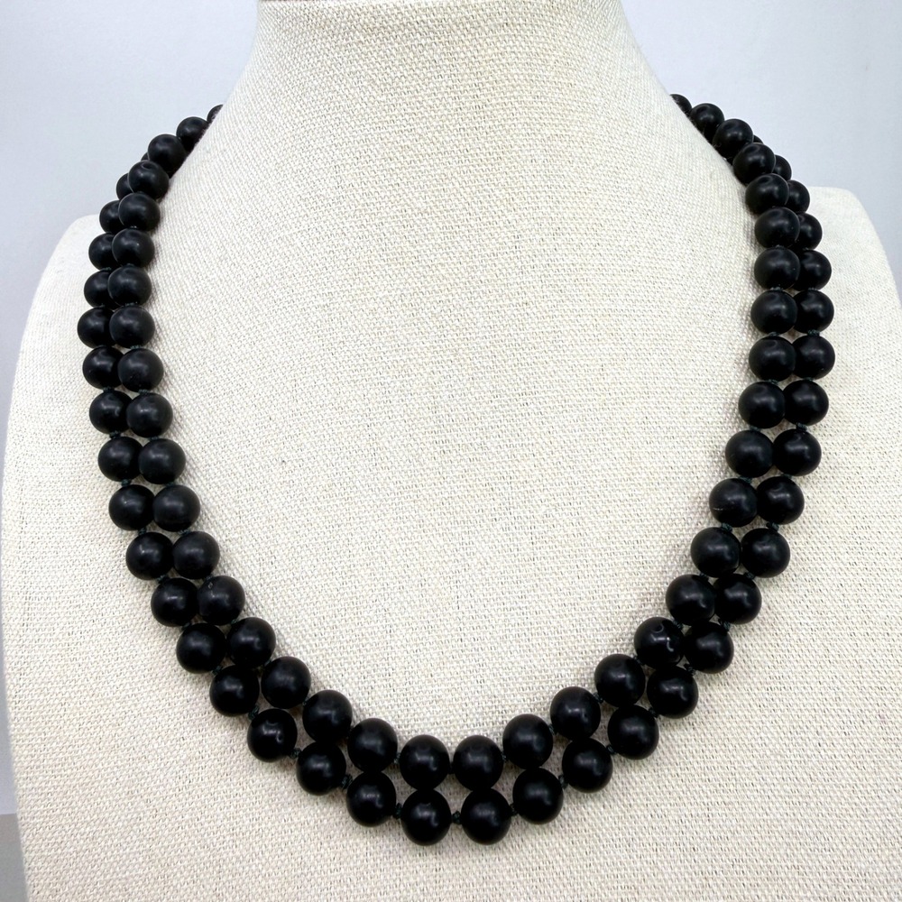 Vintage Double Strand Matte Black Round Bead Necklace Box Clasp Marked Japan‎